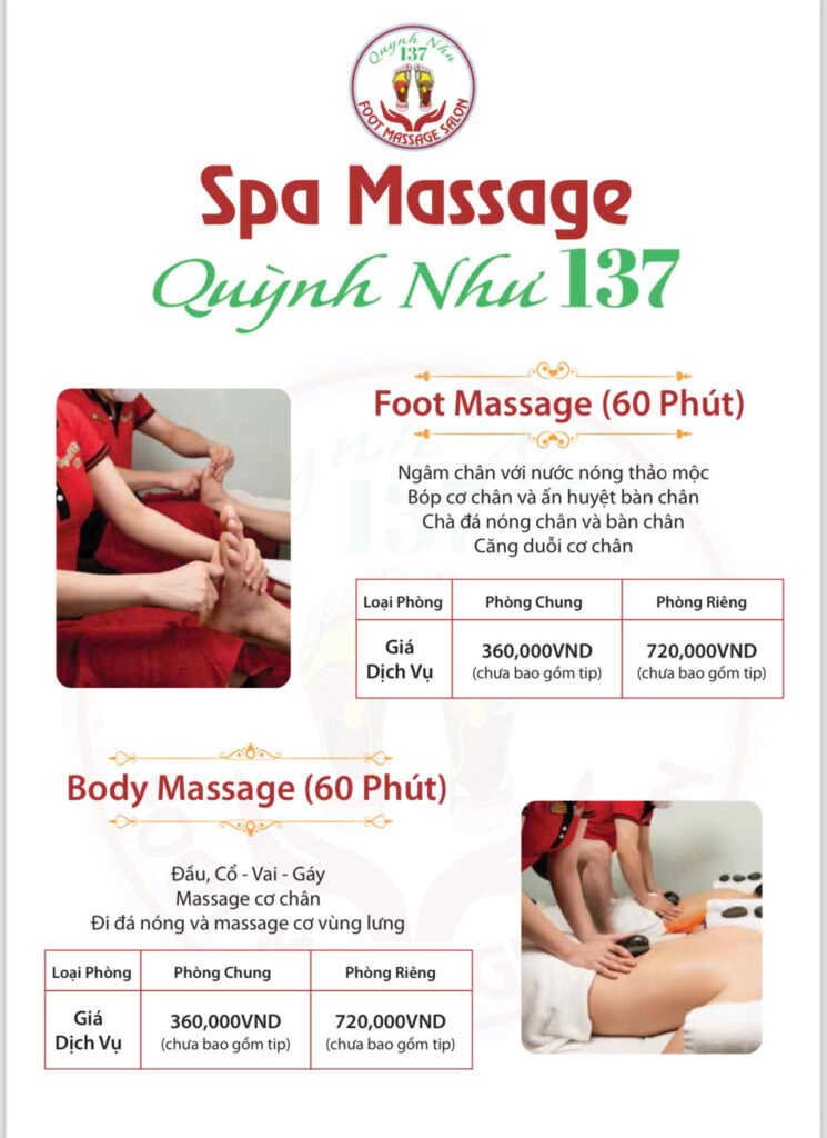 các gói dịch vụ massage body & foot tại 137 quỳnh như spa